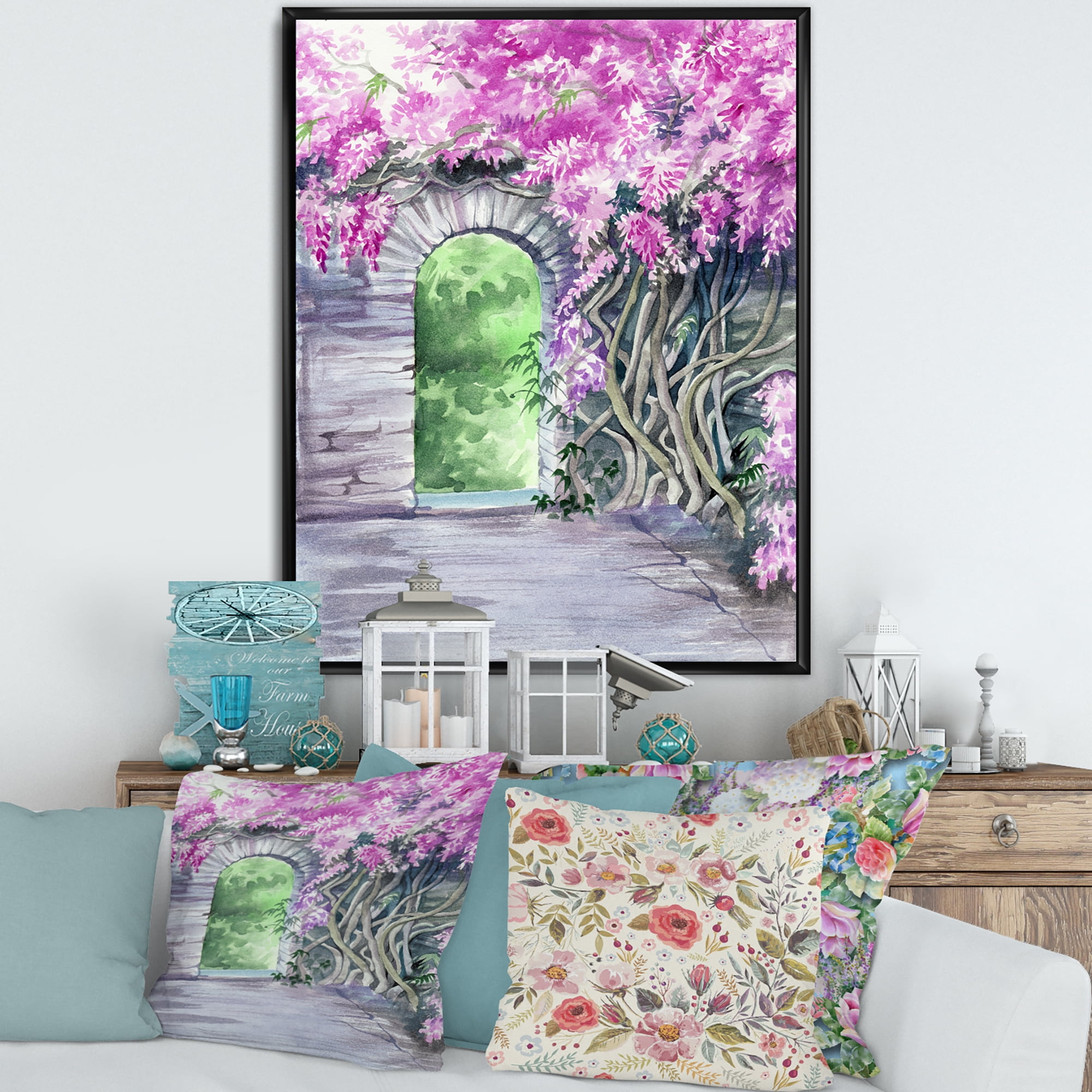 Designart 'Blossoming Purple Wisteria Garden Over The Wall' Traditional Framed Canvas Wall Art Print