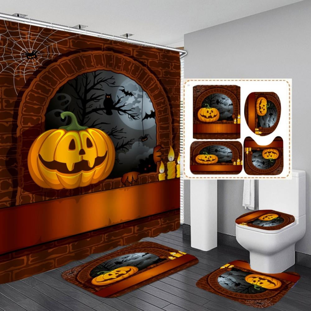 Jolly Halloween Shower Curtain Set 4 PCS Pumpkin Witch 3D Printed