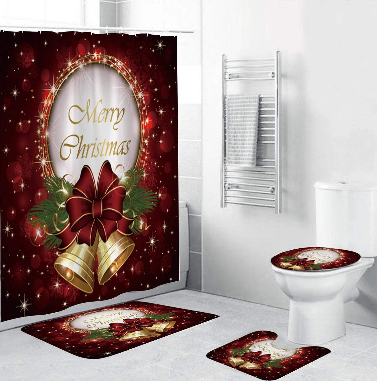 Christmas shower Curtain Bathroom Antislip Carpet Rug Toilet Cover Mat