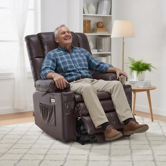 MCombo Faux Leather Recliner for Elderly, Power Lift, Dual Motor, Brown