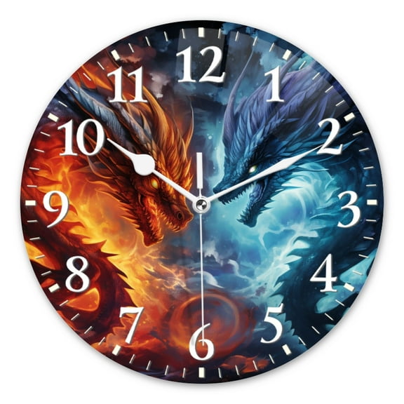 Decorative Round Wall Clocks Non-Ticking Silent Battery Operated Clocks with Photo for Bedroom,Living Room-Dragons With Fire And Ice(10inch)