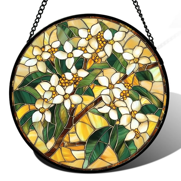 Stained Glass Window Hanging, Yellow White Green Flowers Suncatcher for Doors Window Home Plant Sun Catchers Decoration Mother's Day Birthday Gifts for Women, Men, and Mom