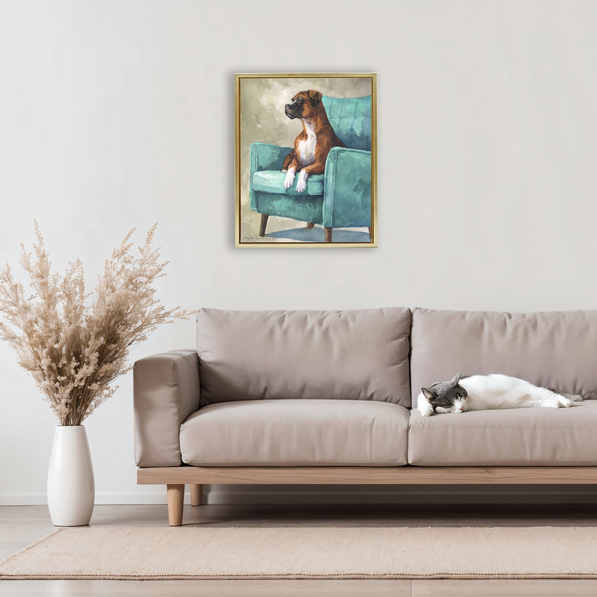 Stupell Industries Majesty Boxer on Armchair Gold Framed Floater Canvas Wall Art, design by George Dyachenko