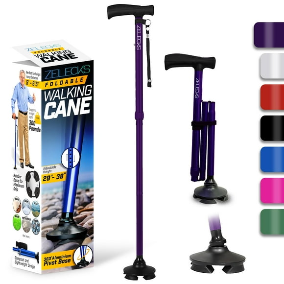 Bastón ZELECKS para mujeres y hombres - Bastón plegable ajustable y autónomo con mango en T y base giratoria de 360 grados - Bastón plegable y ligero para personas mayores - Bastón plegable para camin