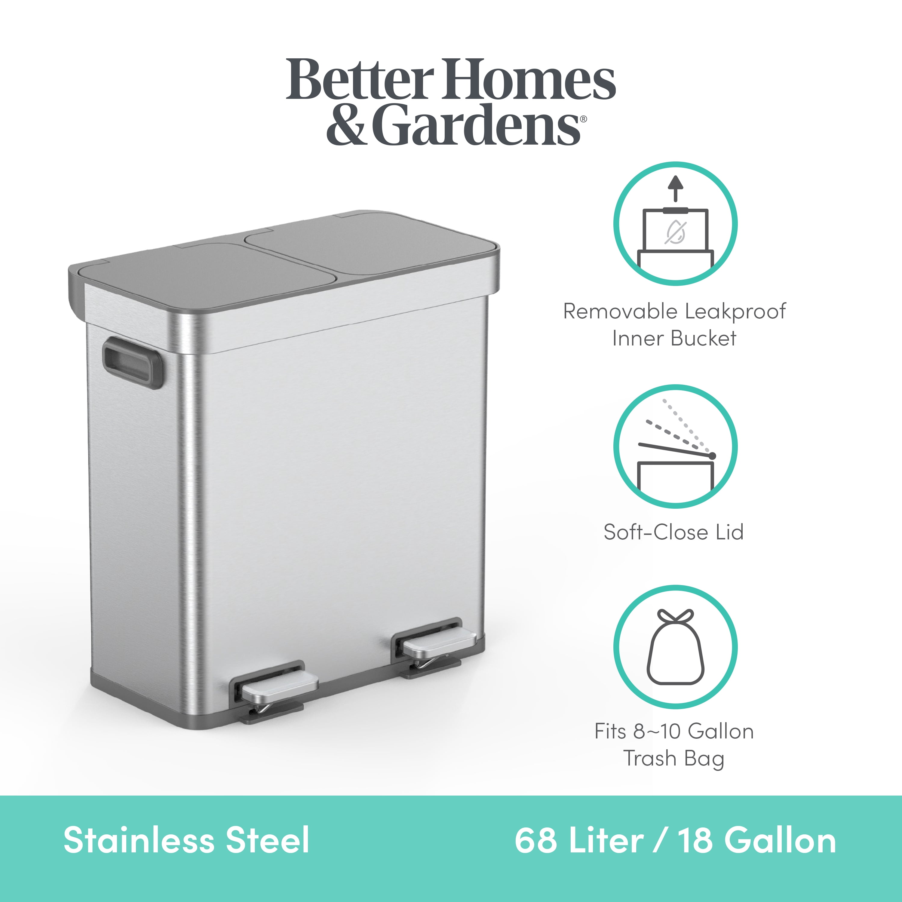 Better Homes & Gardens Kitchen Trash Can, 18 Gallon Stainless Steel Recycle Step Garbage Bin with Dual Compartment Lid, Silver