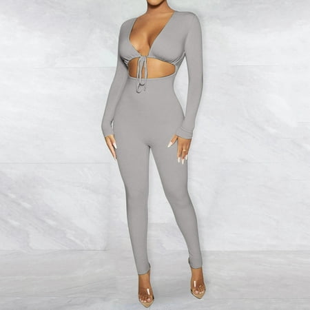 

Yuwegr Jumpsuits For Women Solid Long Sleeve Sexy Jumpsuit Dressy Rompers Stretchy Summer Casual Loose Bodysuit Grey L