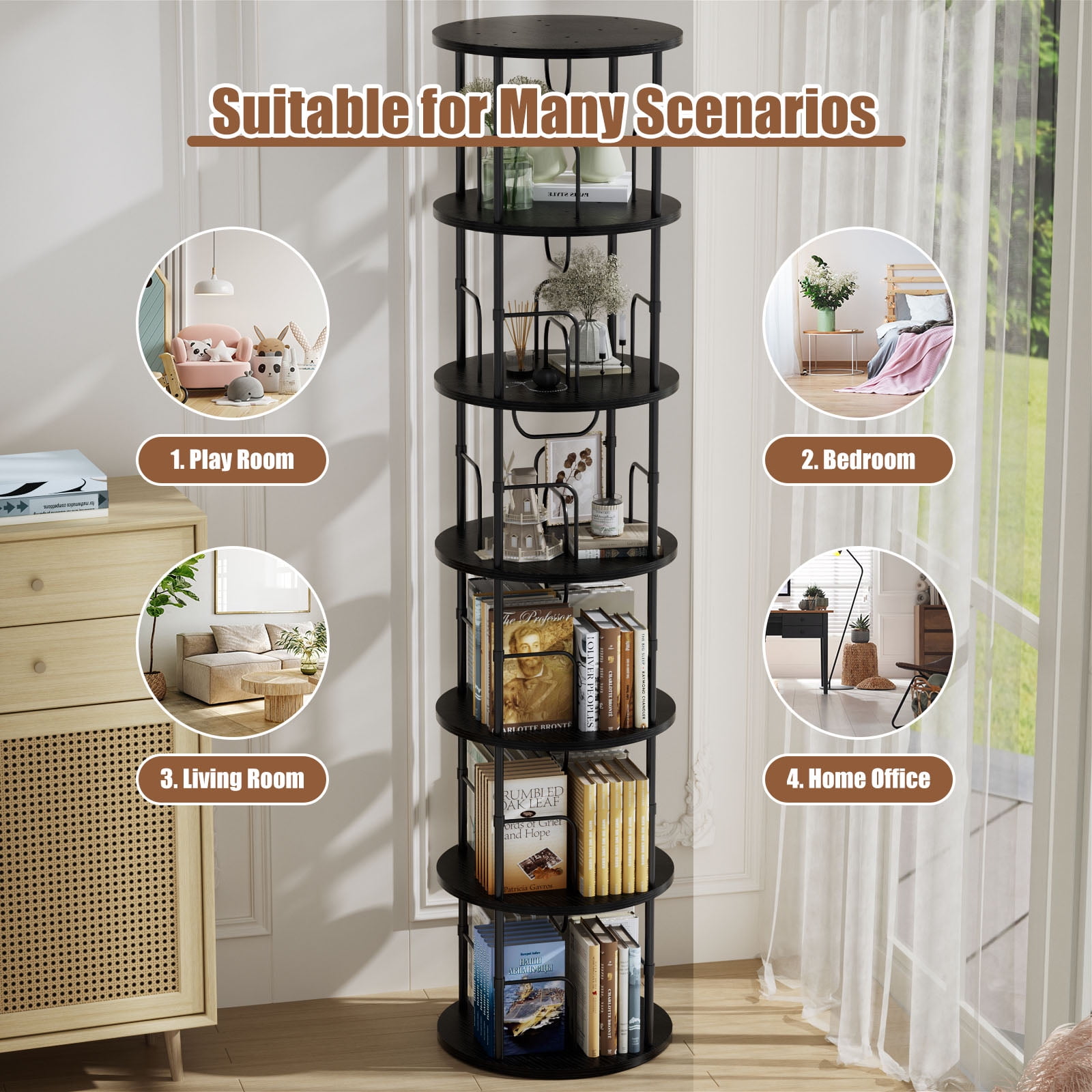 Flycity 6 Tier Rotate Bookcases, 360° Display Spin Bookcases Corner Shelf with Special Visible Partition Storage, Black