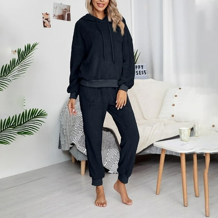 

Womens Long Warm Fleece Pajamas Suit Winter Thermal Hooded Sleepwear Loungewear
