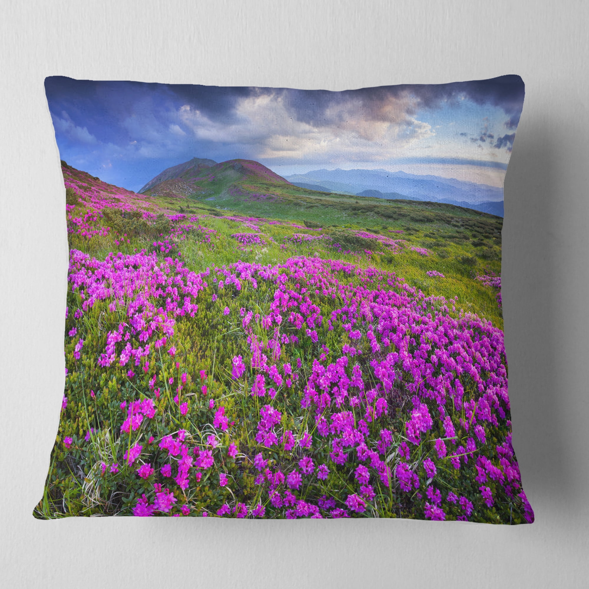Designart Rhododendron Flowers in Mountains - Landscape Photography Throw Pillow - 16x16