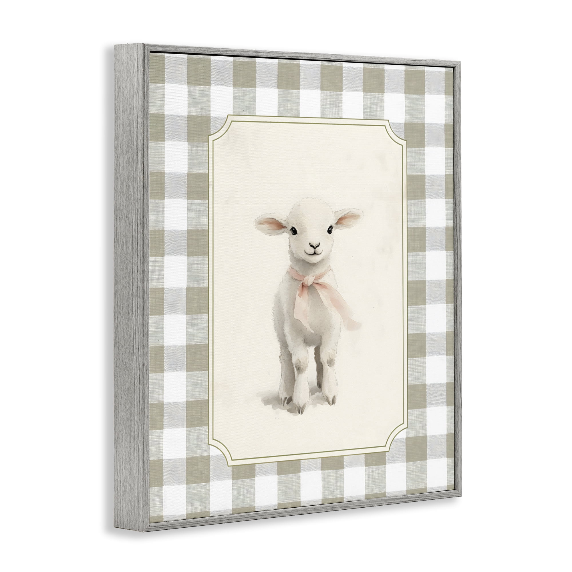 Stupell Industries Gingham Lamb with Pink Ribbon Gray Framed Giclee Art, design by Arlington Prints