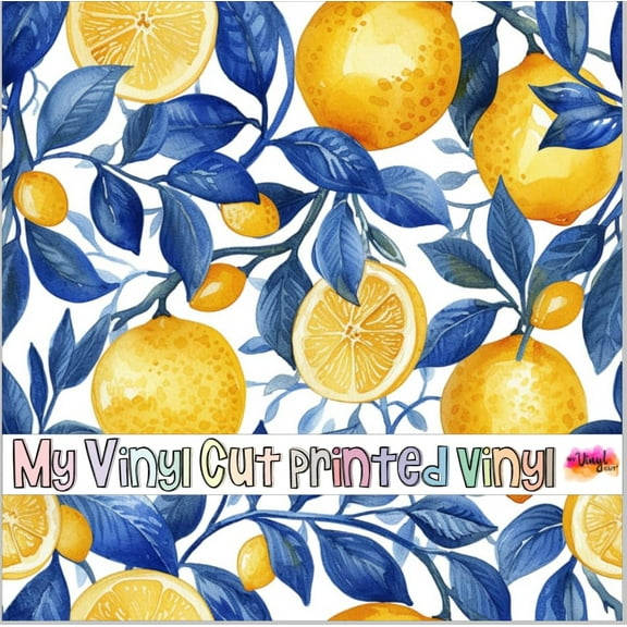 Printed Adhesive Vinyl Blue and Lemons E Pattern Permanent Adhesive (Large Scale)