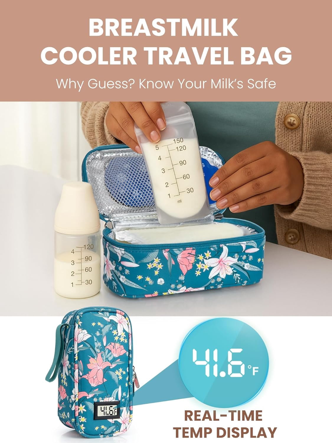SUNMON Breast Milk Cooler Travel Bag, Real-Time Temperature Display, Holds 4-6 Breastmilk Storage Bag with 2 Breast Milk Ice Pack, Cooling & Waterproof Portable Cooler for Moms on The Go(Lily)