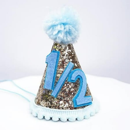 Toddler Party Hat - Gold Glitter Sparkles Blue Half 1/2 Birthday Boy Cone Party Hat Toddler Birthday 6 month Pom Pom