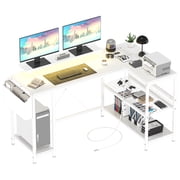 49 inch L Shaped Computer Desk with Power Outlet and LED Lights Reversible Corner Writing Table for Home Office Gaming Study Oak Ash/Pink/White/Black