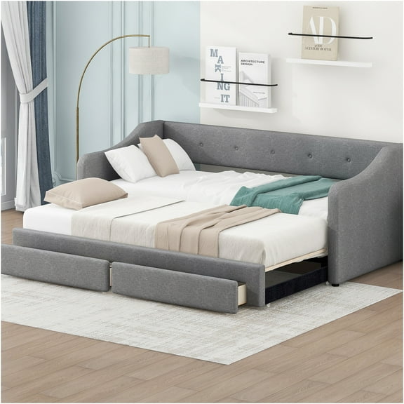 JERFIT Convertible Upholstered Daybed with Storage Drawers, Twin XL to King Size Bed, Gray Linen
