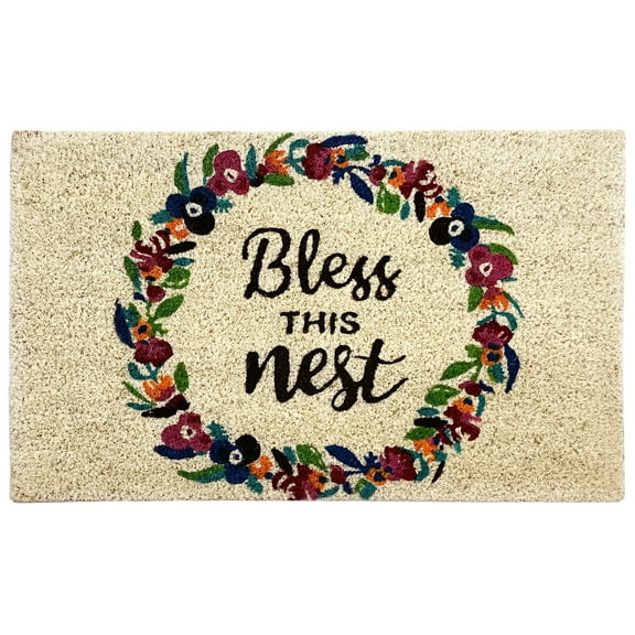 Kashi Home Printed Coir Fiber 18x28 Non-Slip Doormat, Durable Outdoor / Indoor Rug, Entryway, Front Door, Porch, Patio, Welcome Mat, Happy Springtime, Floral Spring Design Decor (Bless This Nest)