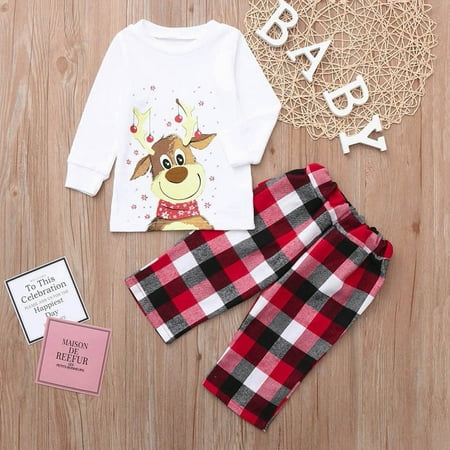 

UJUNAOR Christmas Kids Long Sleeve Tops Plaid Print Pants Xmas Family Clothes Pajamas for Kid