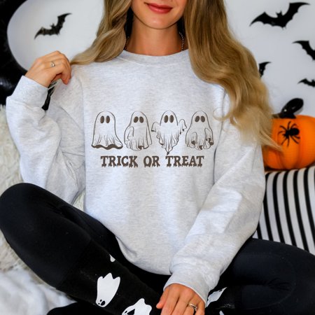 Trick or Treat Long Sleeve Halloween Sweatshirt Vintage Halloween Ghost Shirt Spooky Ghost Graphic Top Trick or Treating Crewneck Shirts