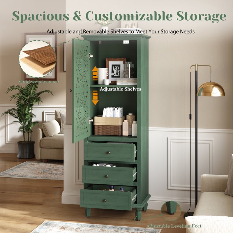Vintage Storage Cabinet with Carved Door & 3 Drawers, Freestanding Decorative Sideboard, Display Cabinet with Adjustable Shelf