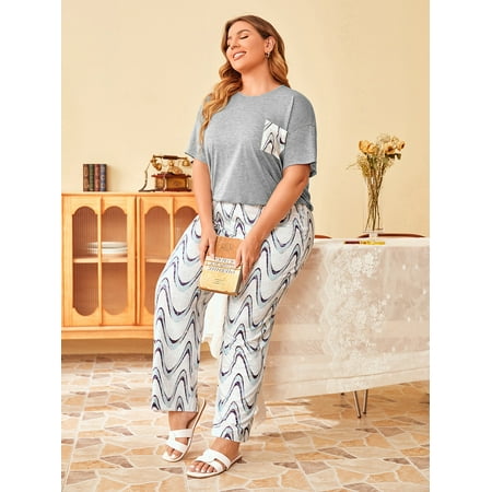 

Women s Plus Drop Shoulder Tee Wave Print Pants Pajama Set 4XL(20) Multicolor Casual F22001D