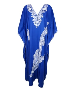 Mogul Womens Blue Maxi Caftan Deep V Neckline Resort Wear Floral Embroidered Long Kaftan Dress One Size