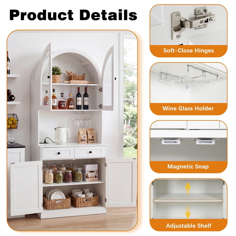 Farmhouse Arched Kitchen Storage Pantry with Charging Station on Open Countertop, Coffee Bar Cabinet with Adjustable Shelf