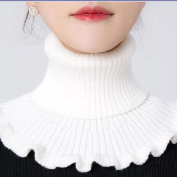 2pcs Women Knitted Wool Fake Collar Scarf Solid Color Elastic Warm Neck Protector Decoration High Collar Scarf White