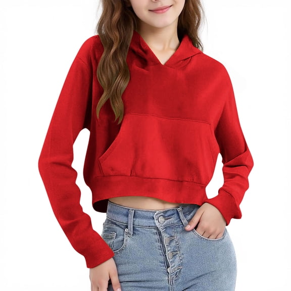 Fesfesfes Girls Zip Up Cropped Hoodie Long Sleeve Casual Jacket with Pockets Pullover Sweatshirt for Teens Youth Kids Fall Winter Fashion Outerwear Active Wear(Red,11-12 Years)