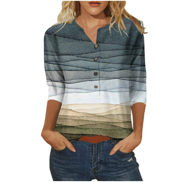 Blouses à Manches Longues pour Femmes Mode Trois Quarts Col en V Rétro Imprimé de Pâques Hauts Amples Blouse Manches Longues Blouses et Hauts Mode