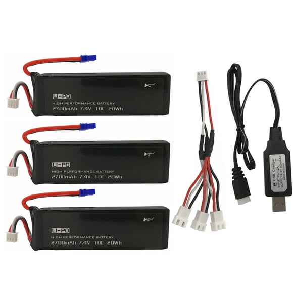 Hubsan H501S Battery 7.4V 2700mAh 10C for H501S H501C X4 RC Quadcopter Battery with 1 In 3 Cable and USB Charger Set Color:3 battery + USB charging cable +1 drag three charging cable