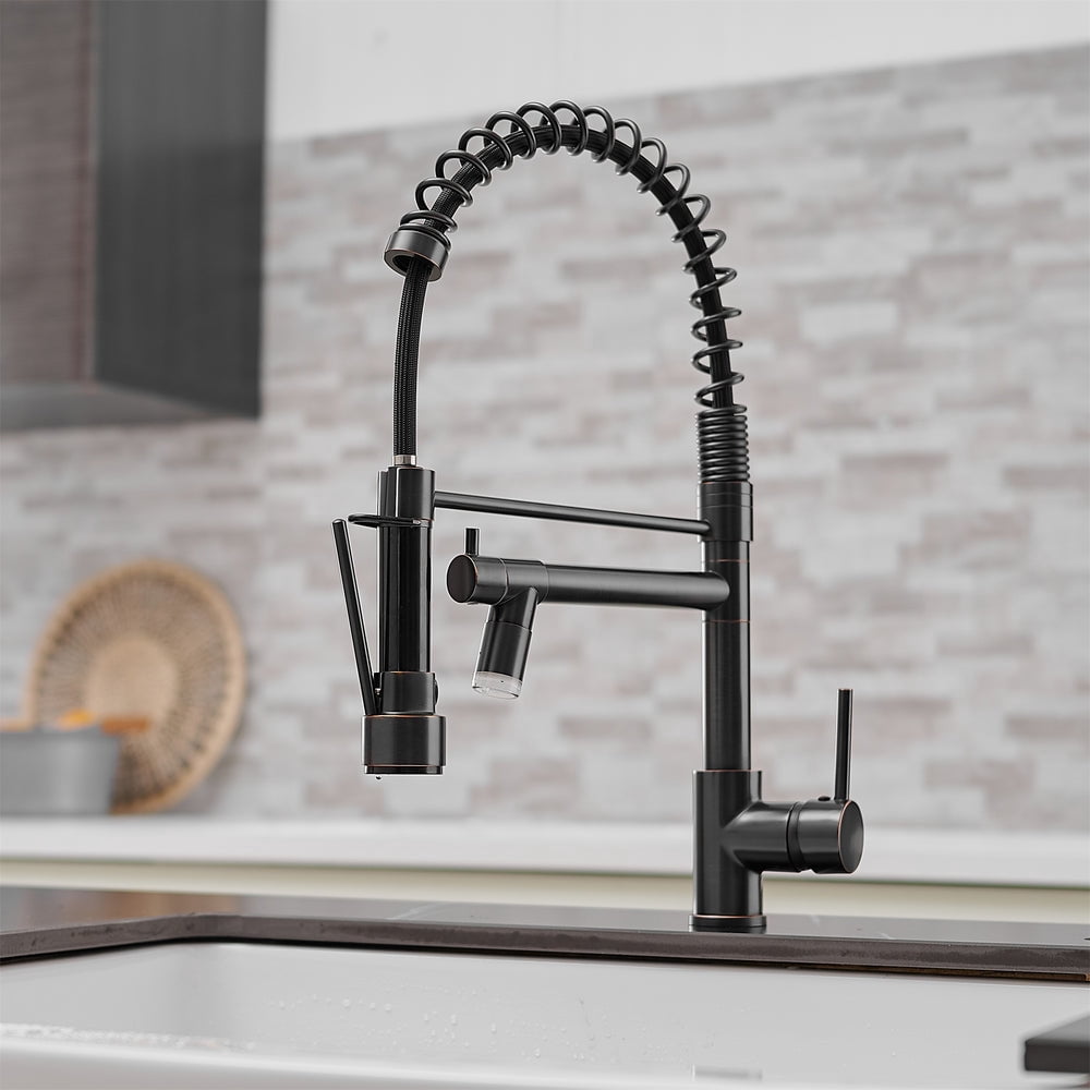 ANGELES HOME LED Kitchen Faucet with Single-Handle, Pull Down Sprayer Kitchen Faucet, Kitchen Sink Faucet with Double Spout in Oil Rubbed Bronze