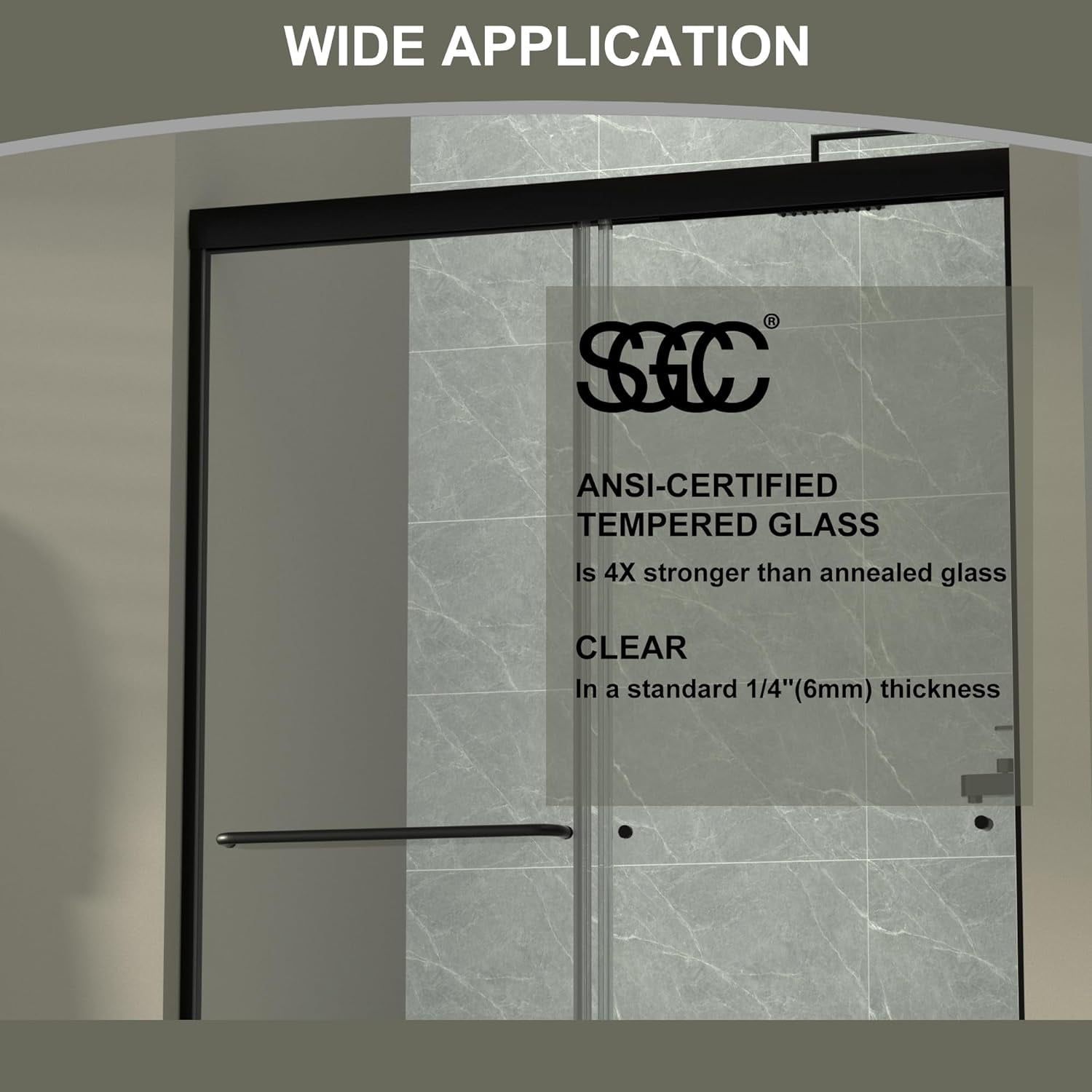 44-48" W x 72" H Semi-Frameless Sliding Glass Shower Door,  Matte Black Finish Shower Door with 1/4'' (6mm) Clear SGCC Tempered Glass