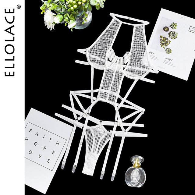 Ellolace Sexy Disfraces exóticos Lencería sensual Vendaje transparente Ropa erótica Porno Goth Mesh Sex Outfit Sissy Top and Briefs Tan Jianjun unisex