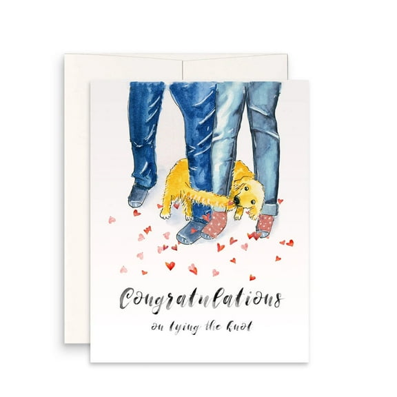 Wedding Congratulations Card – Adorable Couple with Dog Design – Tying the Knot Theme – Blank Inside with Envelope – Perfect Gift for Newlyweds