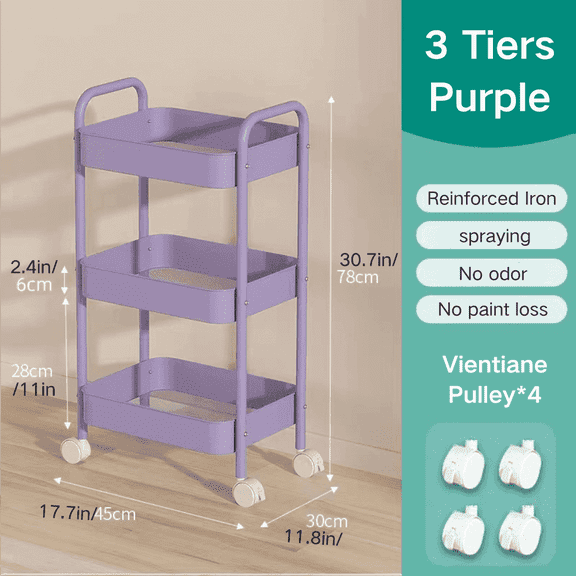 FTCBJJA Carbon Steel Storage Cart, 3-Tier Rolling Storage Mobile Utility Cart, Living Room, Kitchen Sorting Metal Storage Organizer Purple