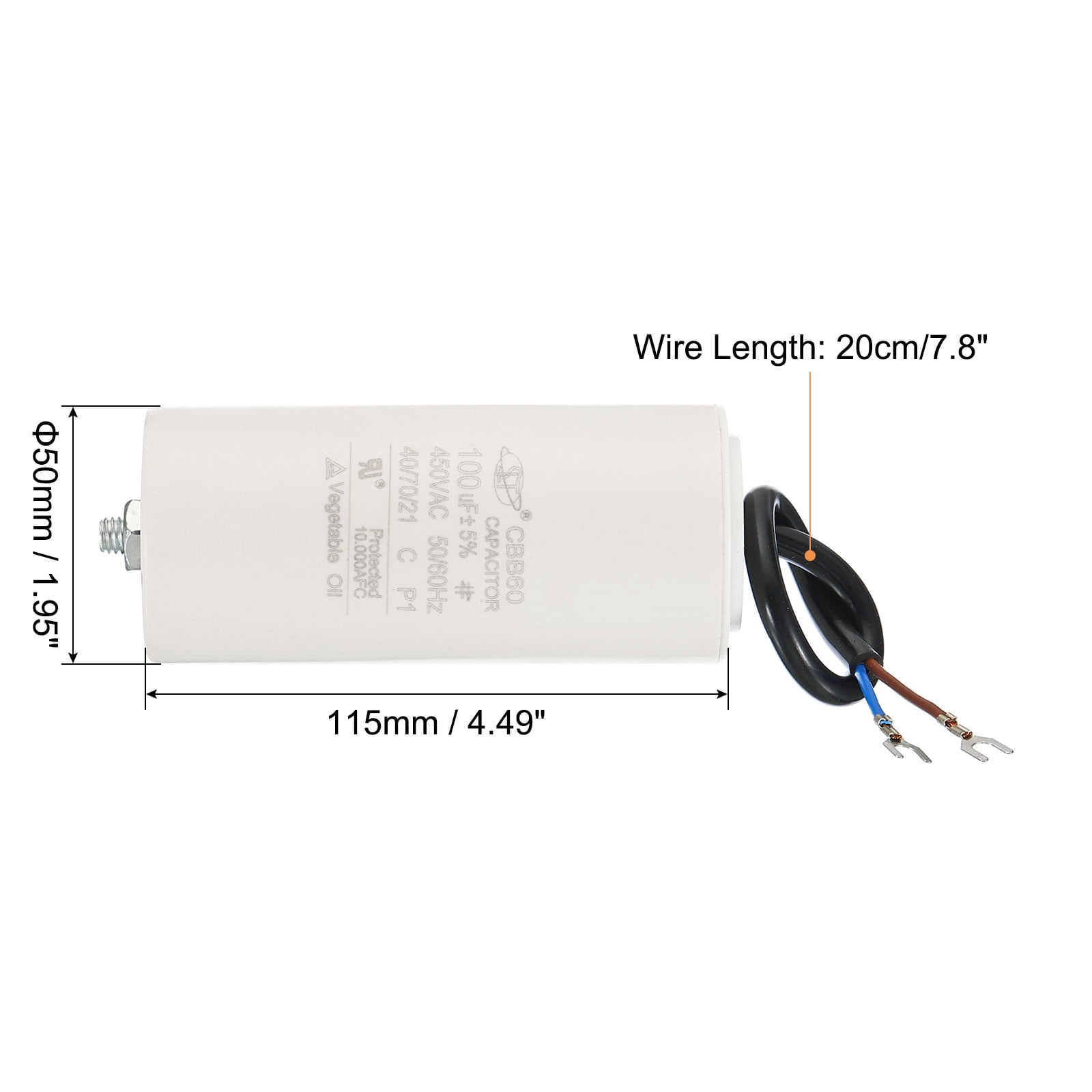 Uxcell CBB60 100uF Run Capacitor, AC450V 2 Wires 50/60Hz Cylinder with Screw 115x50mm