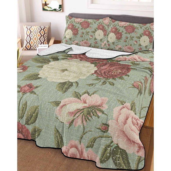 Spring Flower King Size Down Alternative Comforter,Lightweight Comforter Quilt Bedding Set with Pillow Shams Farmhouse Vintage Country Floral Plant Green Bed Comforter Duvet Insert 96"x106"