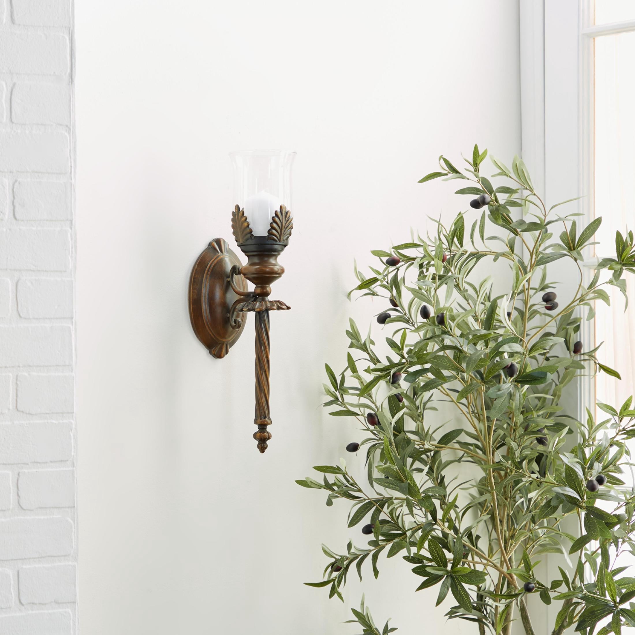 DecMode Brown Metal Leaf Candle Wall Sconce with Twisted Base
