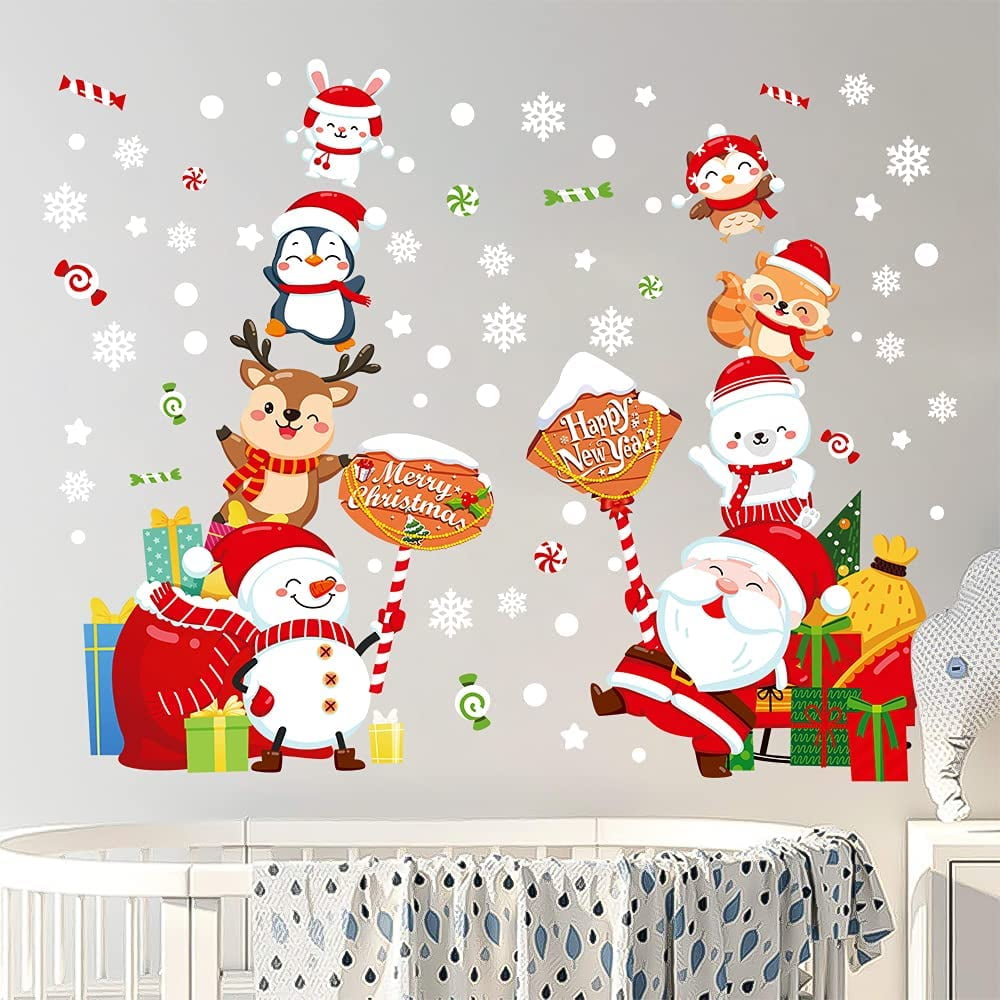 Christmas Wall Stickers Santa Claus Elk Wall Decals Removable Vinyl DIY Snowman Snowflake Wall Decor Christmas Party Window Playroom Bedroom Classroom Living Room Decor