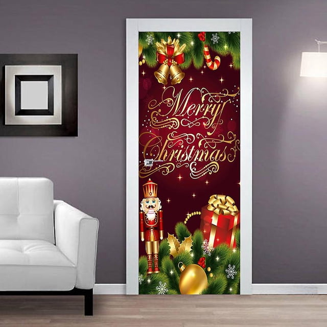 90 x 200cm Door StickerCSticker Door Poster 3D Santa Claus Giving Children Christmas Gifts Vinyl Door Poster Wall Sticker Wallpaper Art Decor
