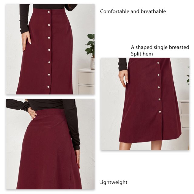 Female High Waist Skirt, Mid Long High Waist Skirt Single Breasted A Shaped Casual Polyester Polyurethane Versatile To Match For Party For Vacation ANGGREK Vino Tinto L