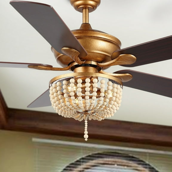 JONATHAN Y Erin 52" 3-Light Rustic Farmhouse Iron/Wood Bead Mobile-App/Remote-Controlled LED Ceiling Fan, Antique Gold Painting/Light Brown