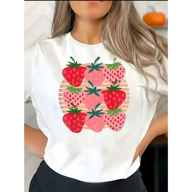 Women's Playful Pink Strawberry Graphic Tee - Comfy Polyester Blend, Casual Round Neck Short Sleeve T-Shirt with Stretch, Perfect for Summer