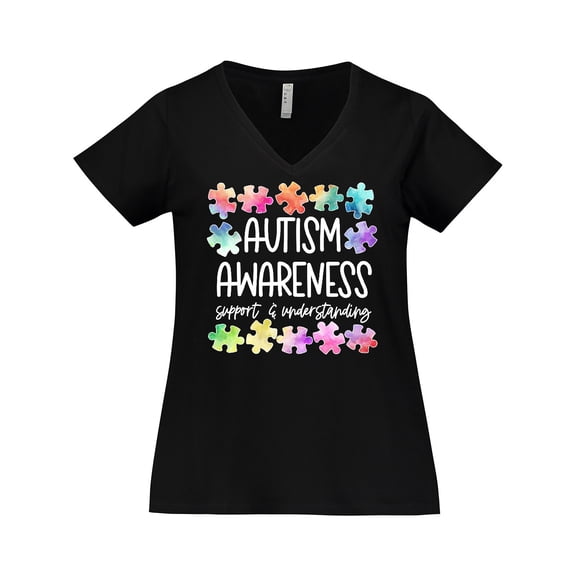 Inktastic Autism Awareness Support and Understanding Puzzle Pieces Women's Plus Size V-Neck T-Shirt