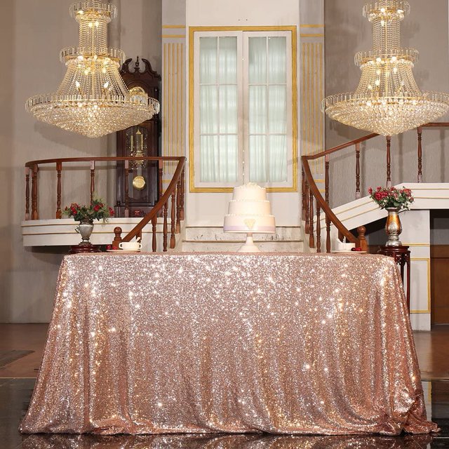 Mantel y camino de mesa cuadrados de 50 x 50 pulgadas para bodas, cumpleaños, graduaciones y despedidas de soltera. Decoración de mesa con lentejuelas de oro rosa brillante