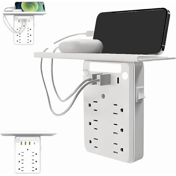 Wall Outlet Extender with Shelf Night, Flat Wall Outlet Extender, Multi Plug Outlet Surge Protector Power Strip with 6 AC Outlets, 3 USB Ports and 1 USB C (1PCS)