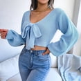 thumbnail image 4 of Suéter de Punto Acanalado con Lazo y Larga para Mujer, Top Corto con Cuello en V para Otoño e Invierno. Azul M, 4 of 10