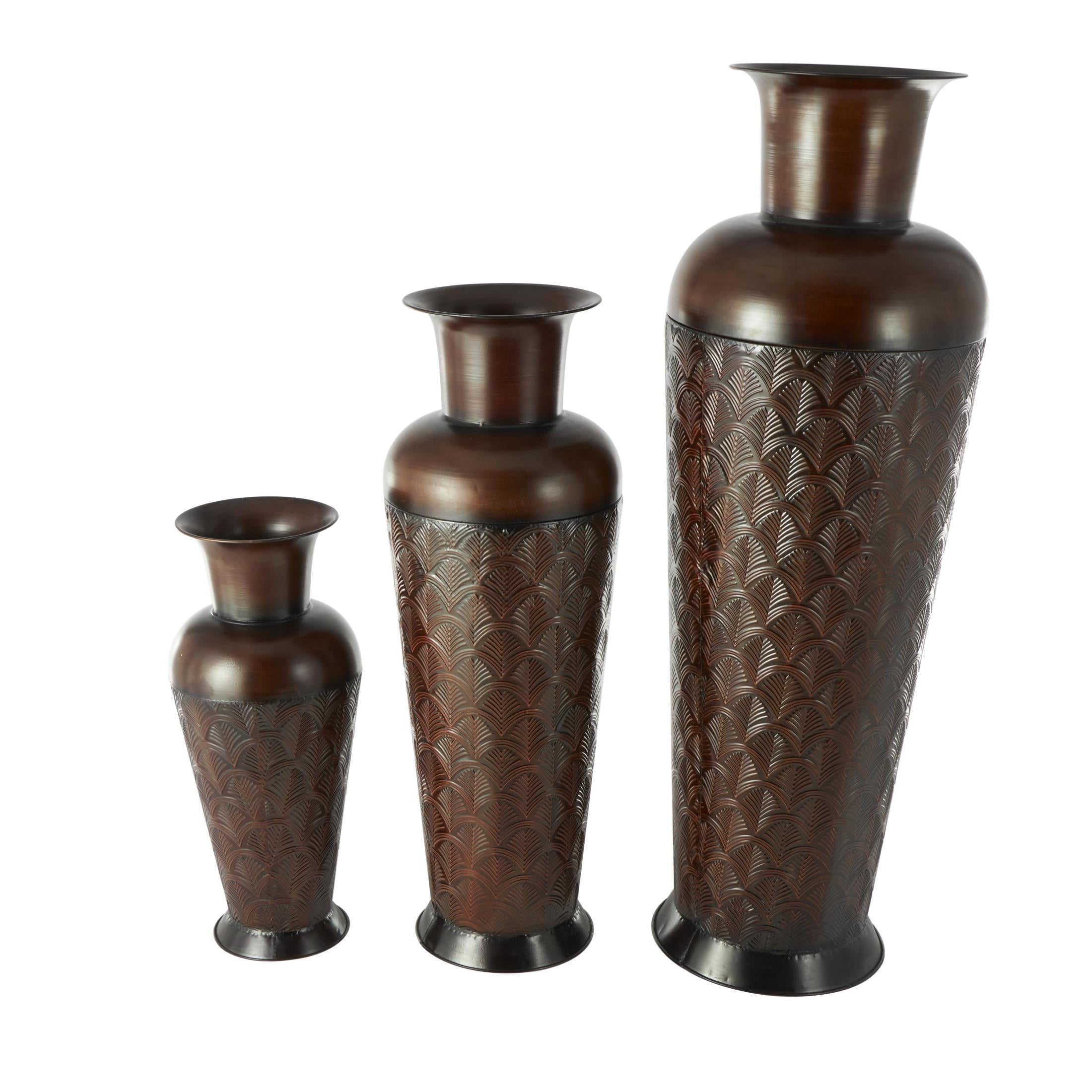 DecMode 53", 40", 27"H Geometric Tall Tapered Floor Dark Brown Metal Vase with Brown Trumpet Tops, Set of 3