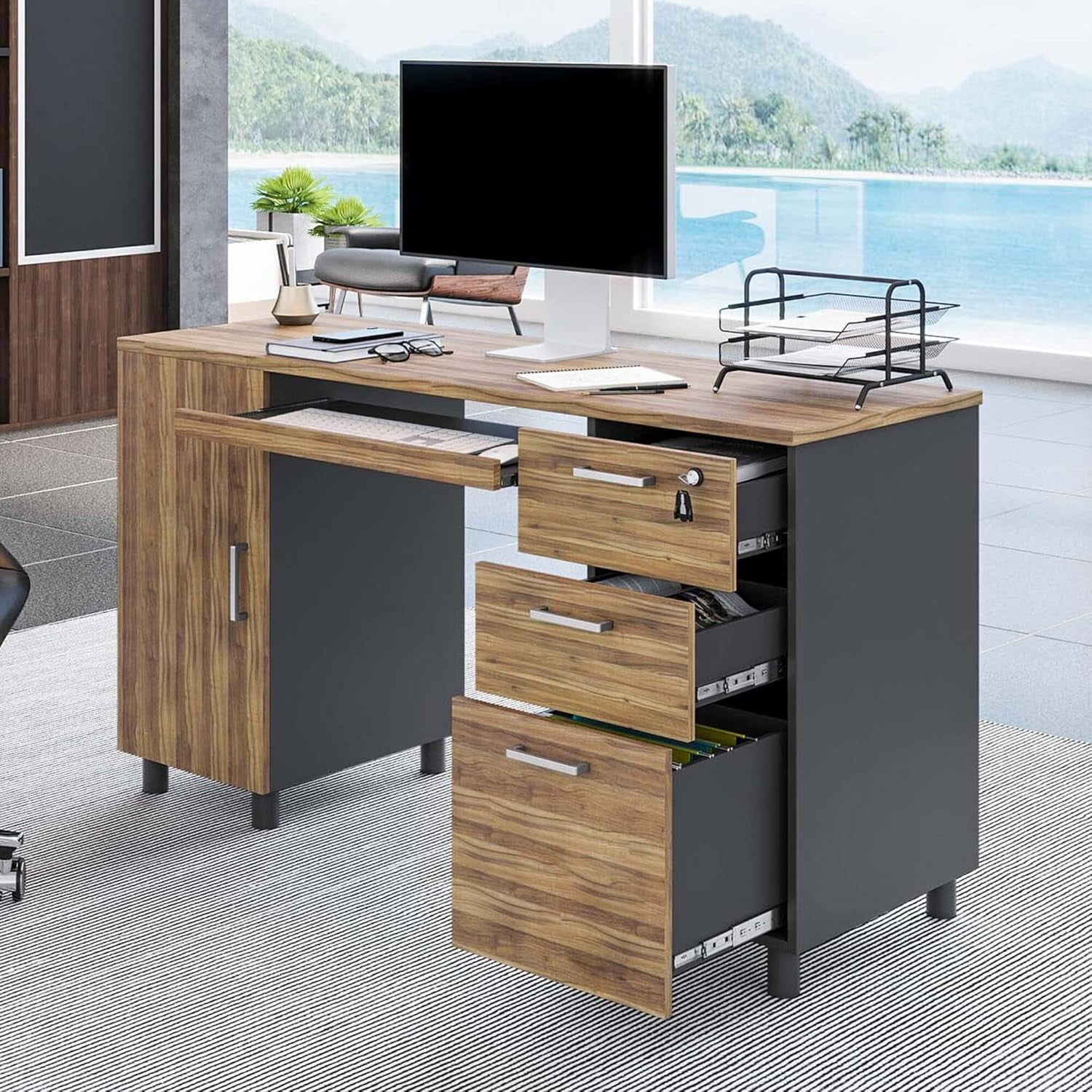 Modern Design Venice Computer Desk Great for Home Office Desk by Crafts and Comfort - 3 Drawers and CPU Storage Cabinet - Laptop Workstation with Keyboard Tray and Cable Hole - Walnut / Black