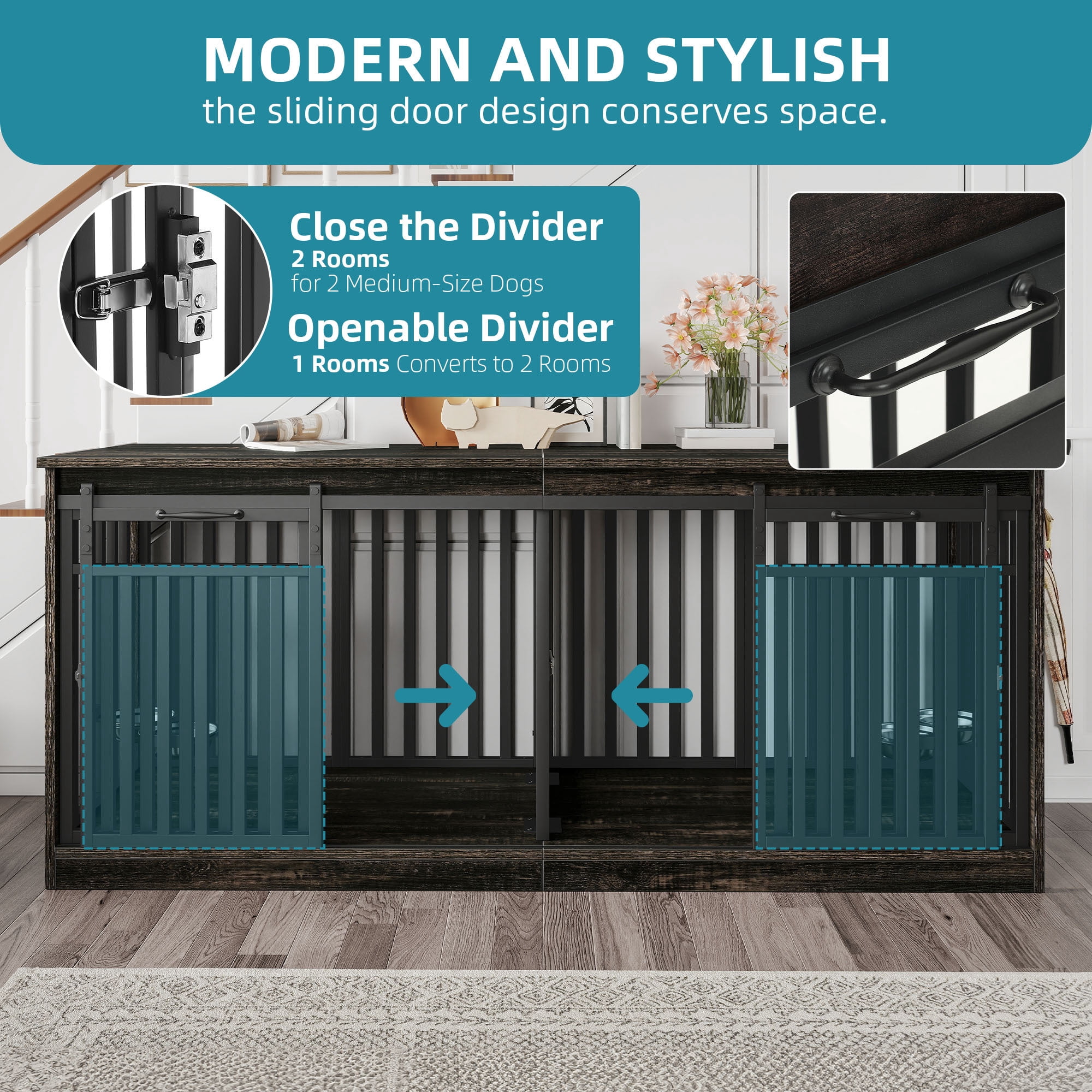 Uforic 71" Double Dog Crate Furniture, Heavy Duty Wood Dual Kennel TV Stand with Sliding Doors & Dog Bowls (Black)